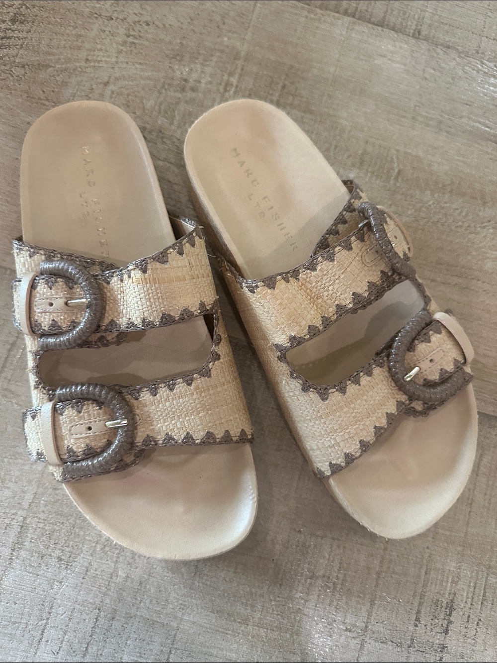 Marc Fisher Beige Woven Slide Sandals with Buckles